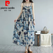 皮爾卡丹（pierre cardin）棉麻無(wú)袖吊帶連衣裙女裝夏季2024年新款春秋小個(gè)子氣質(zhì)洋氣中長(cháng)裙 藍色 L