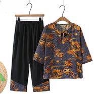 音藻老人衣服女60到70一80歲老年人衣服奶奶款夏裝服裝夏天老太太套裝 紫色祥云花【中袖T恤+9分褲子】套裝 3XL 【115斤-135斤】
