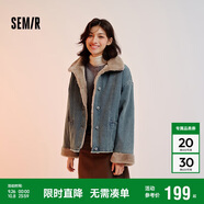 森馬（Semir）牛仔棉服女拼接毛領(lǐng)美式復古2024冬寬松毛邊夾克街頭109724108017