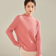 春竹簡約休閑彈力坑條顯瘦打底羊毛衫女式針織衫保暖毛衣女上衣 玫瑰花粉 M