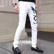 歌鵬白色牛仔褲男破洞牛仔褲男白色牛仔褲男士印花刺繡燙鉆歐洲站潮牌 1021# 33  141-150斤