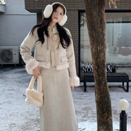 予瑾時(shí)尚名媛小香風(fēng)套裝裙加厚毛呢外套秋冬季新中式半身裙兩件套 杏色長(cháng)裙套裝 S