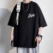 七分袖冰絲t恤男款短袖夏季薄款寬松大碼垂感中袖2024新款體恤衫 冰絲LUAO七分袖【黑】 M