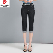 皮爾卡丹（pierre cardin）牛仔褲2024年新款女夏季薄款小腳褲松緊腰彈力短褲七分褲 黑色 27/S