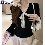 DGOVv領蕾絲蝴蝶結喇叭袖針織衫女春秋氣質內(nèi)搭打底毛衣感修身上衣 黑色 L 【96-110斤】