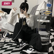 ZSEY連體背帶褲女春秋甜酷小熊刺繡牛仔褲長褲寬松高腰直筒闊腿褲 黑色 L_106-116斤