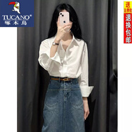 啄木鳥休閑襯衫女23春秋季新款設(shè)計(jì)感小眾寬松長袖襯衣小個(gè)子法式上衣 白色 純棉型 【版型偏寬松】 M 【建議95-110斤穿】