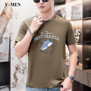 V-MENVMEN威曼夏季新款綠色短袖時尚重工藝燙字潮流修身T恤男T826 卡綠色 S