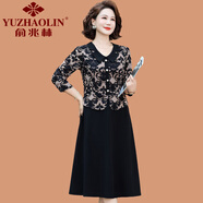 俞兆林（YUZHAOLIN）新款媽媽秋季連衣裙時(shí)尚打底裙假兩件中老年女春秋裝長(zhǎng)袖洋氣裙子 黑青花瓷 2XL (參考105-120斤)