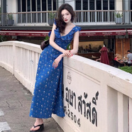 諾兮紗克萊因藍碎花浪漫系帶連衣裙女夏季感氣質(zhì)顯白v領(lǐng)超仙長裙子 克萊因藍碎花浪漫系帶連衣裙 M 建議【90-105斤】