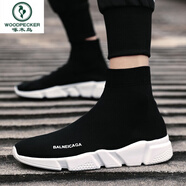 啄木鳥(niǎo)2025春季新款透氣百搭高幫黑色彈力飛織襪子運動(dòng)男鞋休閑襪鞋夏季 1501黑白 43