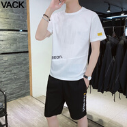 VACK 夏天休閑短袖套裝男寬松圓領(lǐng)衣服情侶裝冰絲T恤男裝夏季運(yùn)動(dòng)服 95白色 3XL(160-175斤)