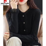 皮爾卡丹2024洋氣開衫外套女裝年新款蕾絲木耳邊衫針織上衣 黑色 M(建議90-105斤)