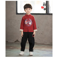 微愛的小松鼠（weiaidexiaosongshu）漢服男童 中國風(fēng)古裝套裝長袖唐裝童裝表演服兩件套 346 紅色 長袖春秋 160 cm
