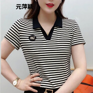 T恤女上衣打底衫夏季夏季短袖翻領(lǐng)上衣2022新款時(shí)尚寬松休閑運動(dòng)百搭T恤女 黑白色 6XL 建議165-180斤