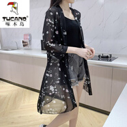 啄木鳥(niǎo)雪紡防曬衫女中長(cháng)款2025夏季新款韓版外搭開(kāi)衫披肩薄款外套冰絲 黑底碎花 L