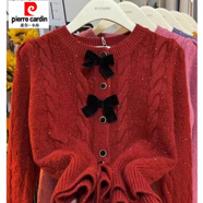 皮爾卡丹（pierre cardin）2025秋冬溫柔甜美蝴蝶結針織開衫女小香風設計感長袖收腰加厚毛衣 紅色【商場款】 S 建議80-90斤