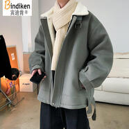 賓迪肯（BINDIKEN）羊羔毛絨棉衣外套男冬季棉服潮牌寬松青少年冬裝加絨加厚保暖衣服 A071-089綠色 L