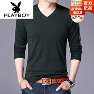 花花公子（PLAYBOY）品牌高端 羊毛針織衫男V領(lǐng)純色韓版毛衣男士雞心領(lǐng)長(zhǎng)袖薄款打底衫 軍綠色 XL 175/115(140-160斤))