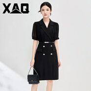 XAQ高端職業(yè)連衣裙女夏季時尚名媛氣質(zhì)小香風(fēng)女神范雪紡拼接A字裙子 黑色 S