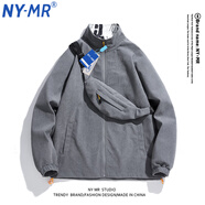 NY-MR潮牌聯(lián)名立領(lǐng)夾克男美式復(fù)古外套秋季休閑情侶裝燈芯絨青少年衣服 YKCP-831#灰色 XL（建議130-150斤）
