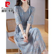 皮爾卡丹法式眞絲刺繡連衣裙女夏季新款高級感氣質(zhì)顯瘦裙子高端桑蠶冰長裙 灰藍色 4XL 【建議145-160斤以內(nèi)】