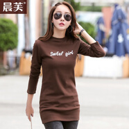 晨芙半高領(lǐng)加絨打底衫女秋冬中長(cháng)款刺繡t恤百搭修身內搭包臀保暖上衣 咖啡色不加絨 2XL 建議125-135斤