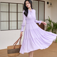 米思陽(yáng)（missshine）2024秋季新款法式優(yōu)雅氣質(zhì)純色連衣裙褶皺系帶中長(cháng)裙1419 紫色 XL