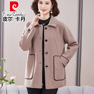 皮爾卡丹（pierre cardin）高檔媽媽秋冬毛呢大衣中長款開衫外套中老年女大碼加厚雙面呢夾克 駝色 M 建議85-100斤