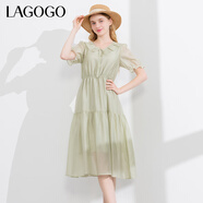 LAGOGO【萊賽爾】荷葉邊系帶連衣裙女拉谷谷夏新款收腰泡泡袖裙子 淺綠色(L8) S