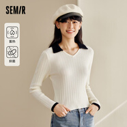 森馬（Semir）[陳都靈同款]毛衣女方領修身短款冬蓄熱polo領撞色打底衫 白黑色調(diào)00419 175/96A/XXL