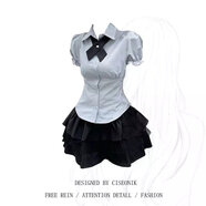 【直發(fā)】套裝學(xué)院風(fēng)日系JK制服女收腰顯瘦泡泡袖襯衫上衣高腰蓬蓬 套裝【青灰襯衫+蓬蓬裙+領(lǐng)結(jié)】 S