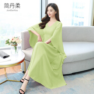 簡(jiǎn)丹柔蝙蝠袖連衣裙女夏季高級感夏裝雪紡大碼純色收腰大擺超仙舞蹈長(cháng)裙 綠色 XL