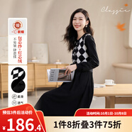 歐莎（OSA）小香風(fēng)假兩件菱格紋連衣裙女2025秋季新款泡泡袖顯瘦針織裙子 黑色 S