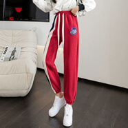 AEMAPE 休閑褲女2025春秋季新款棉刺繡休閑運動褲子拼色哈倫褲女 紅色米呢棉款 L 【適合101-115斤】
