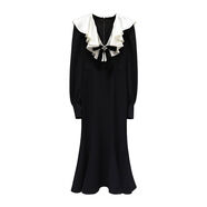 黑色連衣裙2025秋季新款法式撞色荷葉邊V領(lǐng)蝴蝶結優(yōu)雅魚(yú)尾包臀裙 黑色高版 S