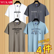 霧卡【純棉4件裝】短袖t恤男圓領(lǐng)棉體恤寬松新款男裝半袖T恤白色小T衫 EXP白+WES鐵灰+LG卡其+山霧藍 XL （建議130-150斤）