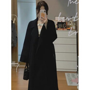 皮爾卡丹（pierre cardin）西西里紅色雙面羊毛大衣女中長款2024秋冬新款寬松感毛呢外套 黑色 L 建議136-150斤