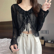 百草布蕾絲外搭開(kāi)衫女薄款披肩夏季搭配吊帶裙的小外套罩衫長(cháng)袖防曬上衣 黑色 S