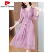 皮爾卡丹（pierre cardin）夏季真絲長袖女裝連衣裙子春秋高檔2025新款雪紡高端精致長裙垂墜 粉紫色 4XL