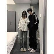 辰衣純美式潮牌hiphop三條杠連帽開(kāi)衫衛衣女2024春秋小眾慵懶風(fēng)情侶外套 白灰色（薄款/重磅優(yōu)質(zhì)版） M