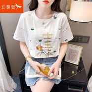 紅蜻蜓2025年純棉短袖t恤女新款女士體恤潮春夏季衣服寬松刺繡印花短袖 白色單車(chē) 2XL