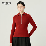 深呼吸DEEP BREATH女裝豎坑條拉鏈翻領(lǐng)修身純羊毛針織衫女A300996 復(fù)古紅 L (4碼)