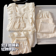 女童睡衣夏季純棉短袖薄款公主風(fēng)兒童甜美小女孩夏款三件套家居服 淺米公主領(lǐng)【短袖+短褲+長(cháng)褲】 【M】身高150-160CM 85-100斤