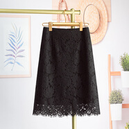 古梵莎白色氣質(zhì)蕾絲半身裙女2025夏季高腰顯瘦a字裙復古鏤空中長(cháng)包臀裙 黑色 L