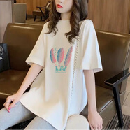 吉莞美純棉短袖t恤女寬松夏季新款中長(cháng)款遮肉顯瘦減齡學(xué)生上衣女裝 中長(cháng)款t恤白色-三支羽毛 均碼  建議80-160斤穿著(zhù)