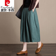 皮爾卡丹（pierre cardin）棉麻半身裙中長款夏季純棉花苞裙寬松顯瘦氣質夏松緊腰燈籠裙子 綠色 XL建議114-124斤