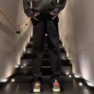 衣然呈品水洗做舊復古修身牛仔褲男春秋季新款直筒美式高街休閑長(cháng)褲子男褲 黑色開(kāi)叉款 L【建議115-130斤】