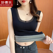 妙麥樂保暖背心女加絨加厚雙層蕾絲V領(lǐng)帶胸墊秋冬保暖上衣女內(nèi)搭打底衫 黑色(加絨) 均碼