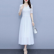 AC-AICHEN氣質(zhì)雪紡白色蕾絲連衣裙大擺沙灘裙海邊度假仙女長(cháng)裙2025夏裝新款 白色 M 85-100斤